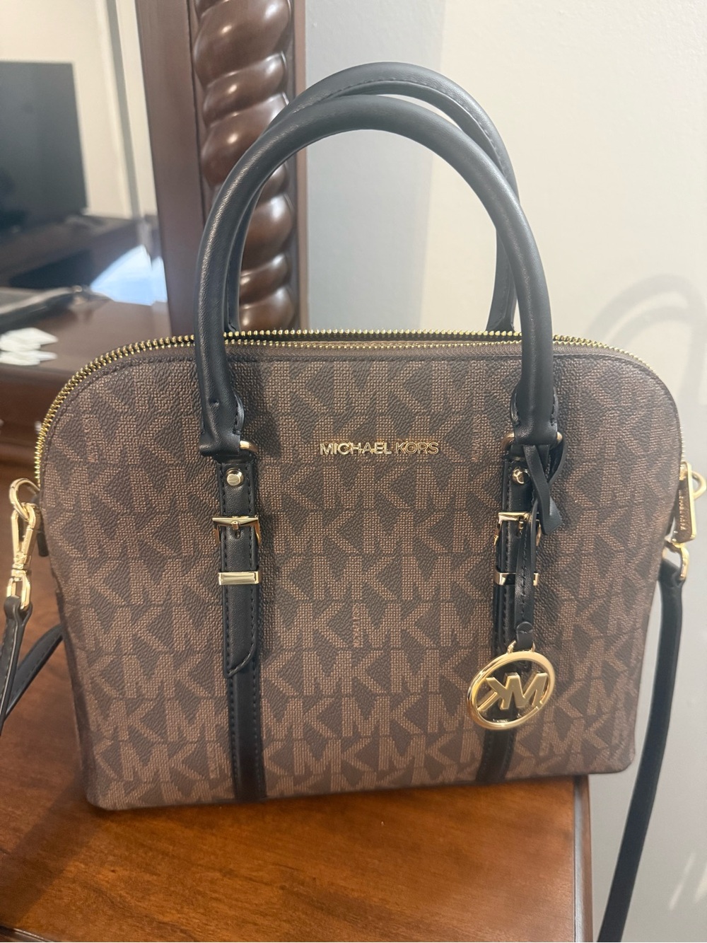 Michael Kors Brown Signature Dome Satchel with Black Trim